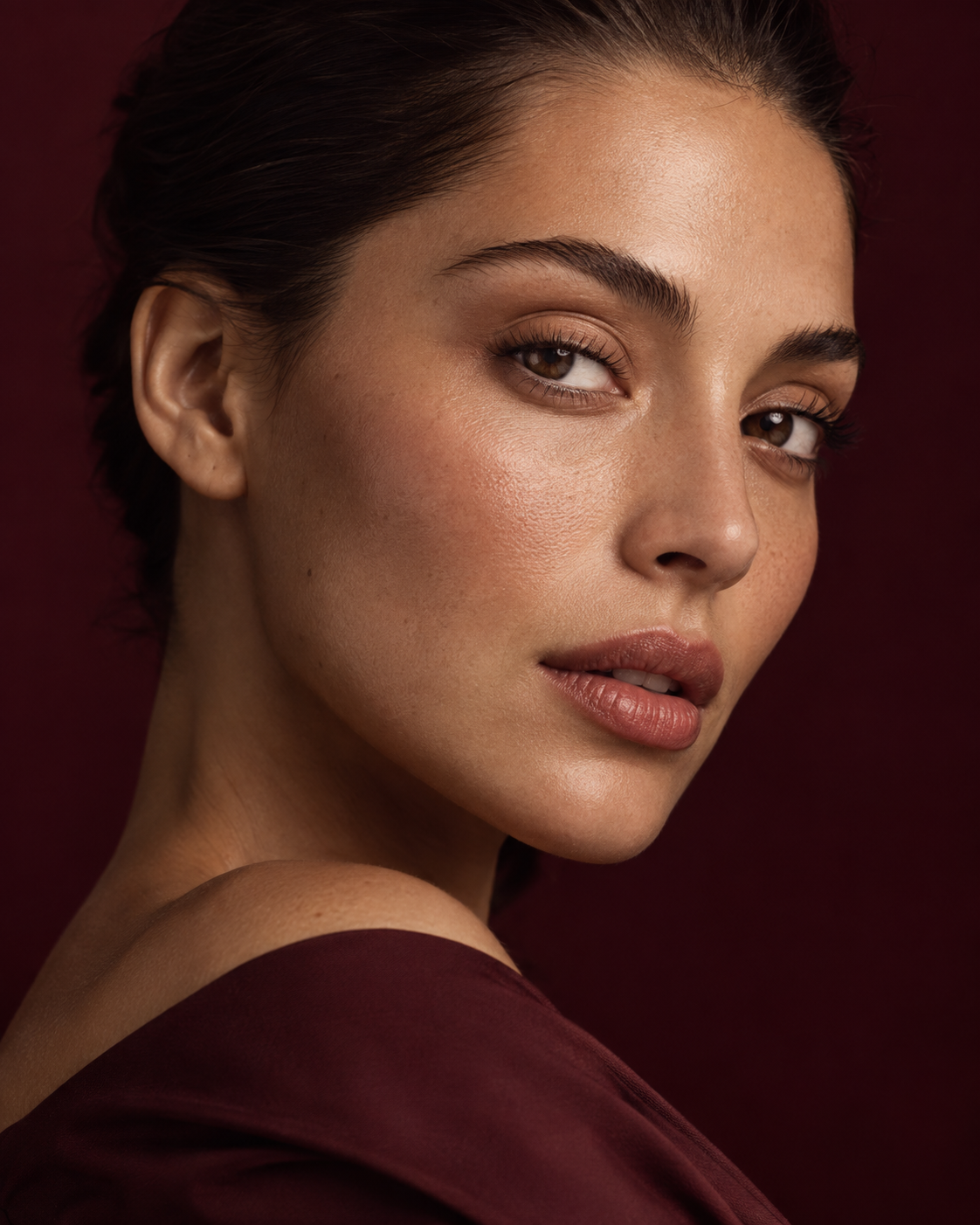 Beauty hangulatkép: természetes szemöldök és finom smink, meleg fényben
