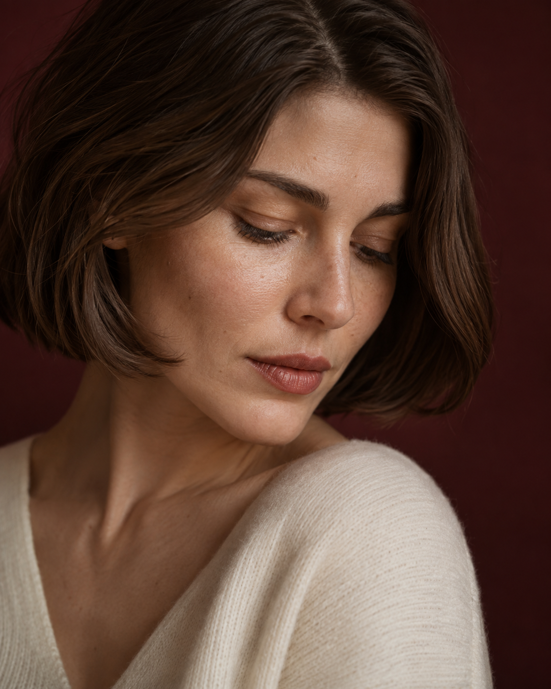 AI-hangulatkép: beauty portré burgundi háttér előtt